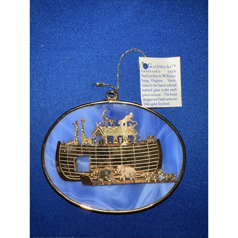 Handcrafted GoldMarks 24K Gold Finish Blue Glass Suncatcher Noah's Ark 3.5"